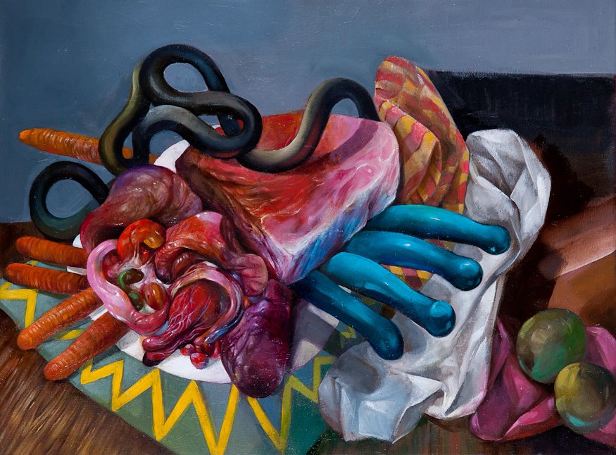 Steak and Iridescent Placenta with Four Turquoise Dildos (oil on linen, 12″ x 16″ 2012) – Gregory Jacobsen