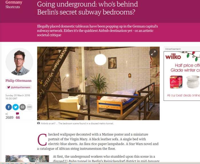 Airbnb or art? ... The bedroom scene found in a disused metro tunnel (The Guardians)